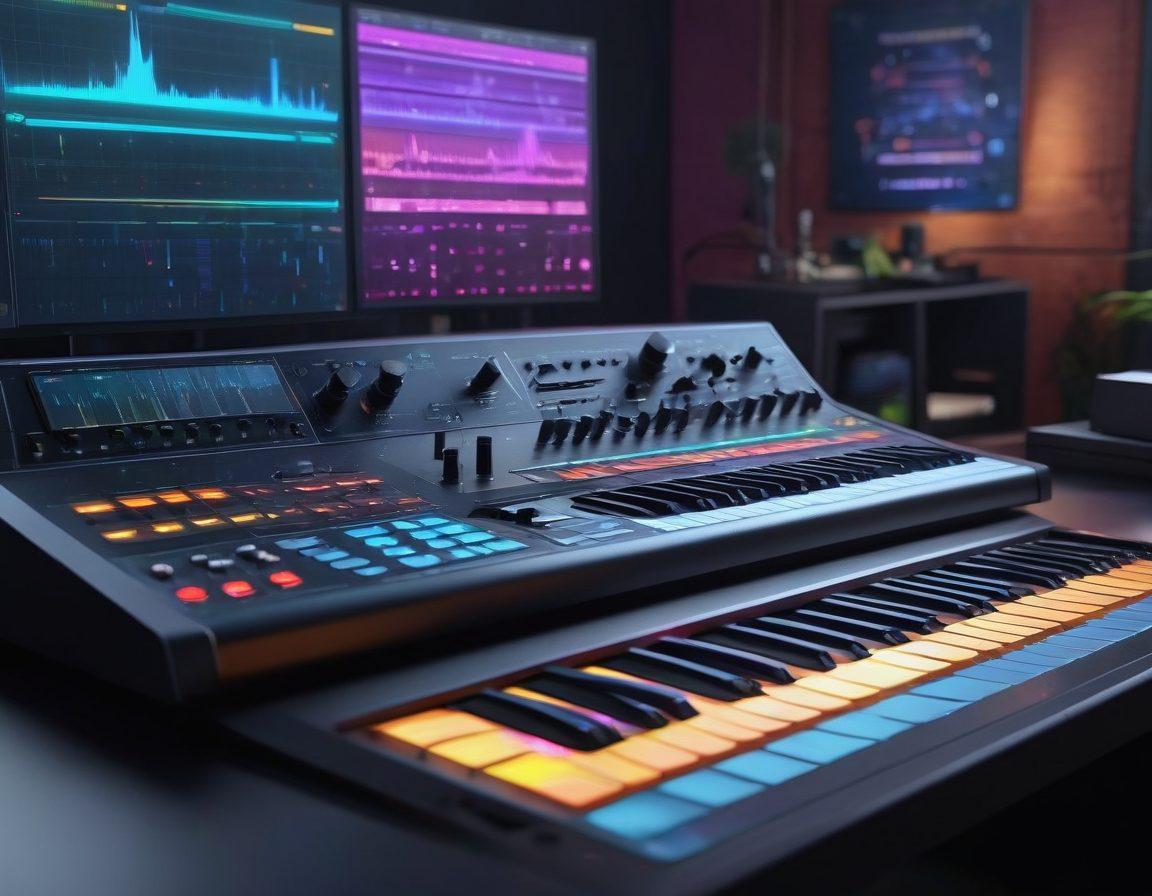 A futuristic music studio filled with advanced audio equipment, showcasing colorful sound waves emanating from a sleek digital interface. Include a talented producer at the center, adjusting knobs on a modern synthesizer, surrounded by floating holographic audio tracks. The atmosphere should be vibrant and inspiring, symbolizing innovation in music production. super-realistic. vibrant colors. 3D.