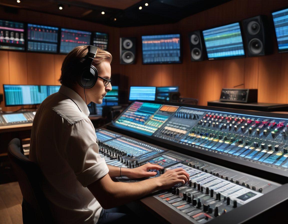 A sound engineer diligently working at a well-equipped mixing console surrounded by intricate audio equipment and software. Visualize sound waves emanating from the monitors, representing creativity and innovation. The workspace is filled with a warm, inviting light, showcasing various tools and tips seamlessly integrated into the environment. Include a hint of Kjaerhus Audio branding to connect with the title. super-realistic. vibrant colors. warm lighting.