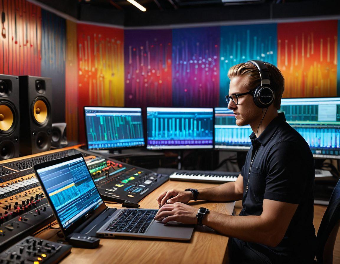 An inspiring studio scene featuring a variety of Kjaerhus Audio tools, with a musician passionately working on their laptop, surrounded by vibrant sound waves and musical notes flowing around. Include colorful sound panels and a mixing console in the background, creating an atmosphere of creativity and innovation. super-realistic. vibrant colors. soft-focus background.